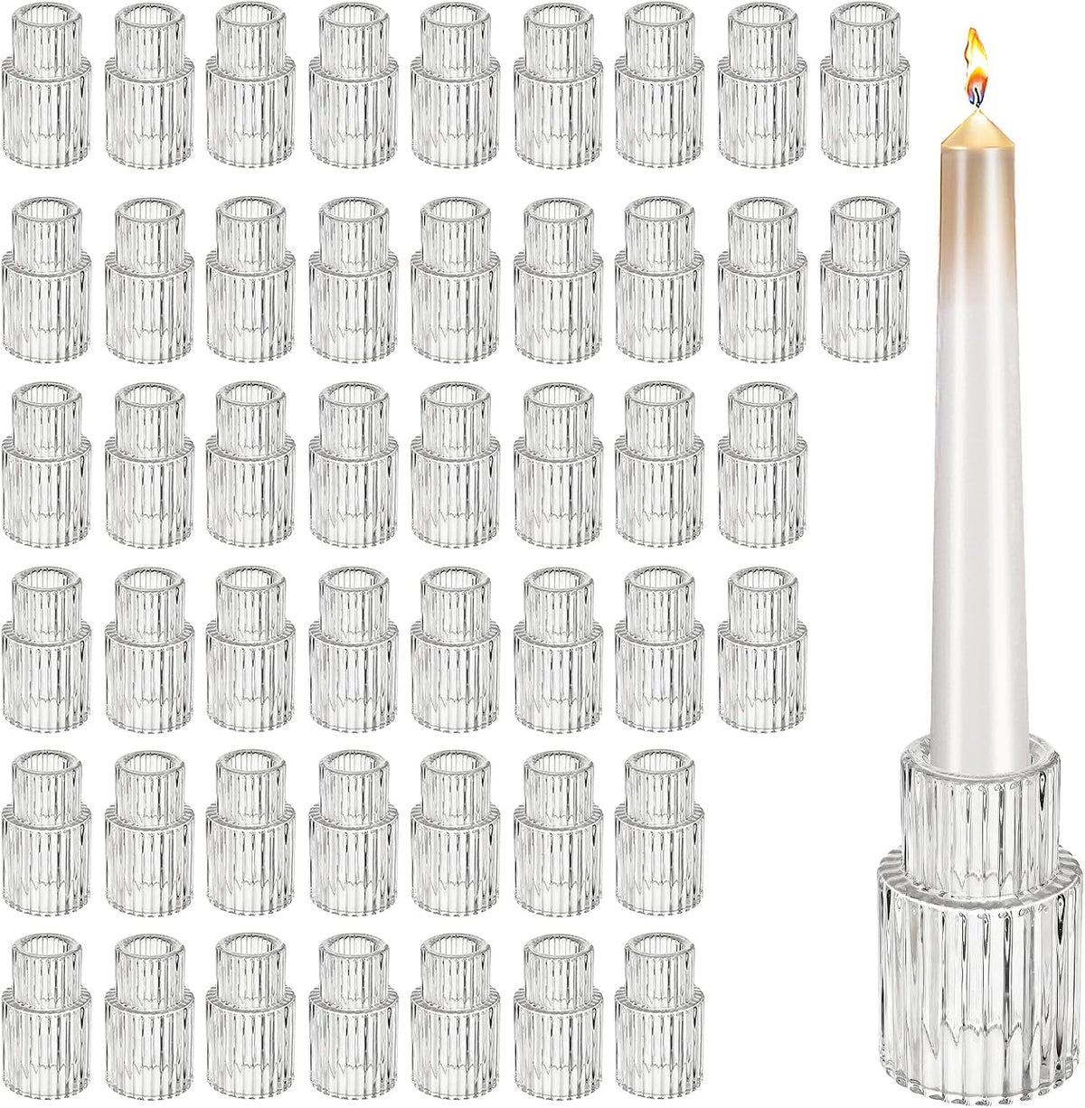 48 Pack Glass Taper Candle Holders, Clear Ribbed Candlestick Holders Bulk