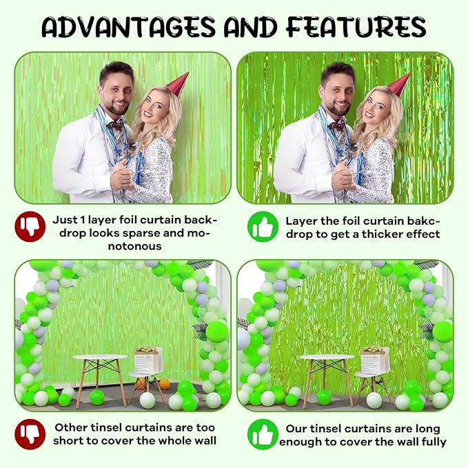 4 Pack 3.3x8.2 Feet Neon Green Foil Fringe Backdrop Curtains, Tinsel Streamers Birthday Party Decorations, Fringe Backdrop for Graduation, Baby Shower, Gender Reveal, Disco Party