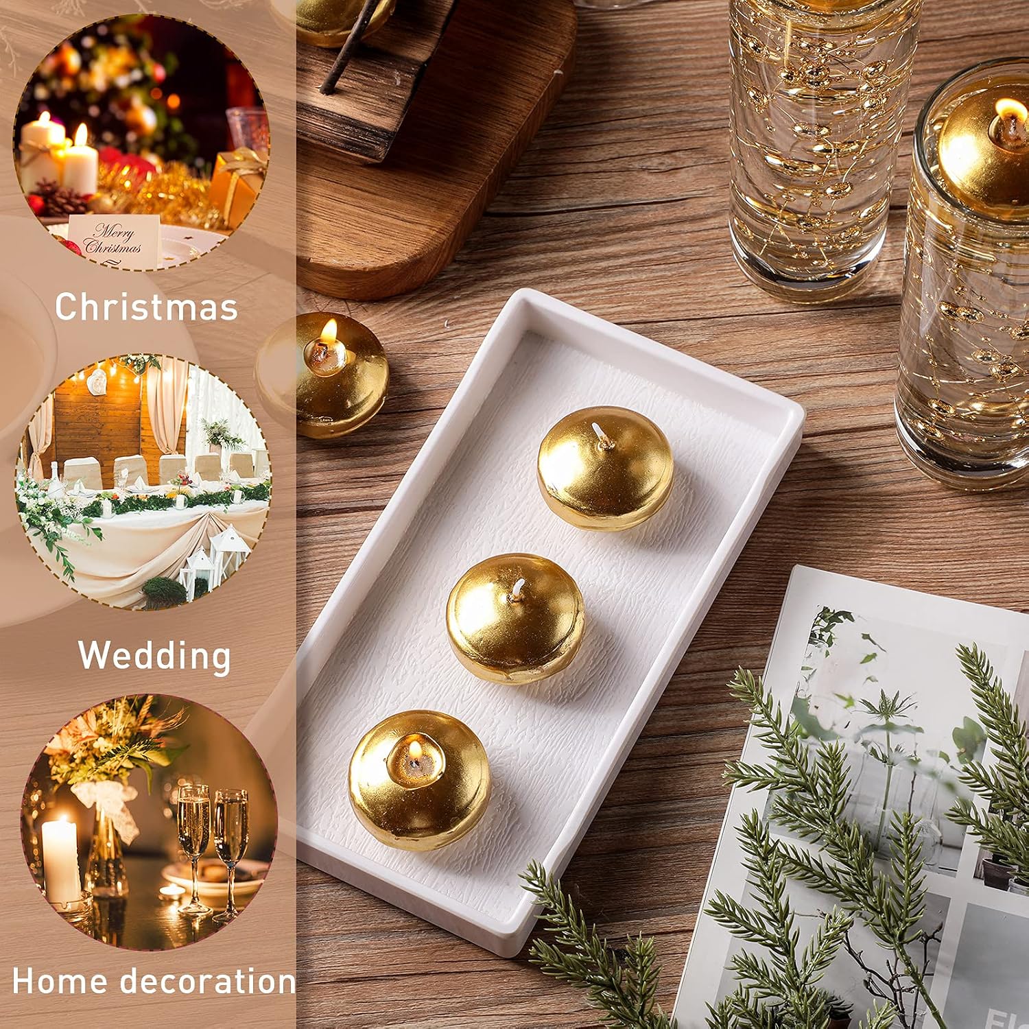Nuanchu 12 Pack 1.65 Inch Floating Candles or Centerpiece Unscented Wax Burning Water Floating Candle Set for Cylinder Vase Wedding Party Gifts Pool Home Decor(Gold)