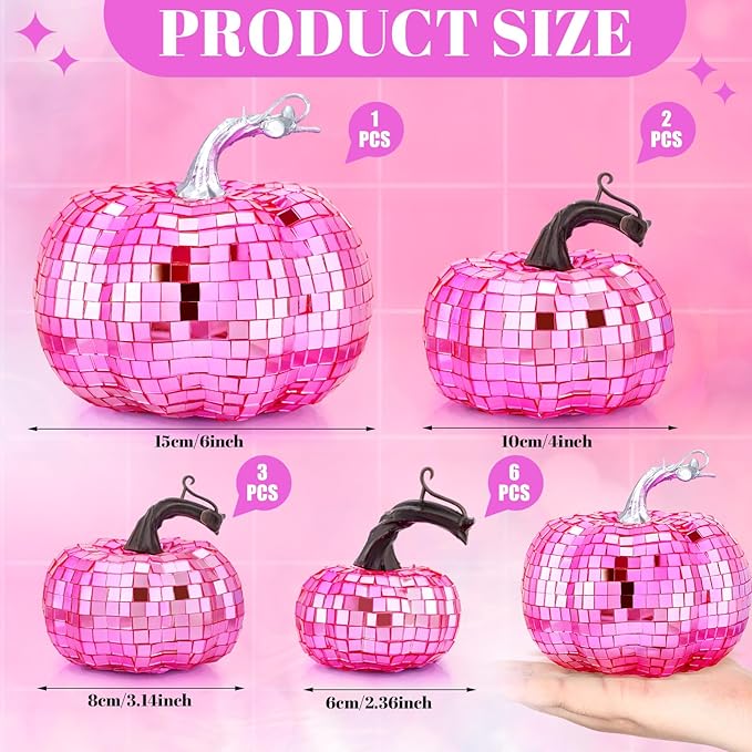 Lenwen 12 Pcs Artificial Disco Pumpkin Glitter Mirror Pumpkin for Decorating Fall Farmhouse Hanging Ornament Harvest Decor for Halloween Thanksgiving Table Centerpiece(Bright Pink)