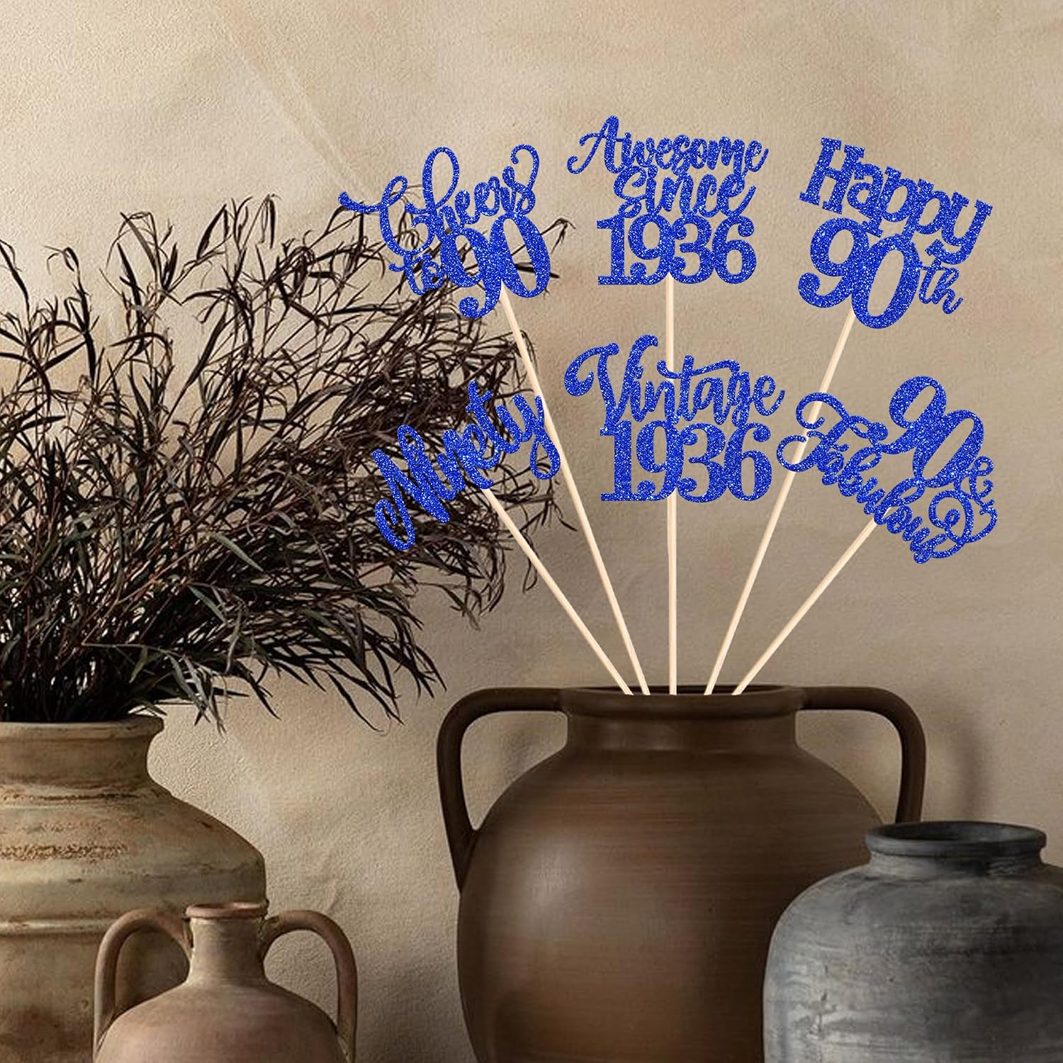 12 Pack Happy 90th Birthday Centerpiece Sticks Glitter Straight Outta 1936 Sixteen 90 Years Old Awesome Since 1936 Table Flower Centerpiece Sticks for 90 Fabulous Theme Party Supplies Blue