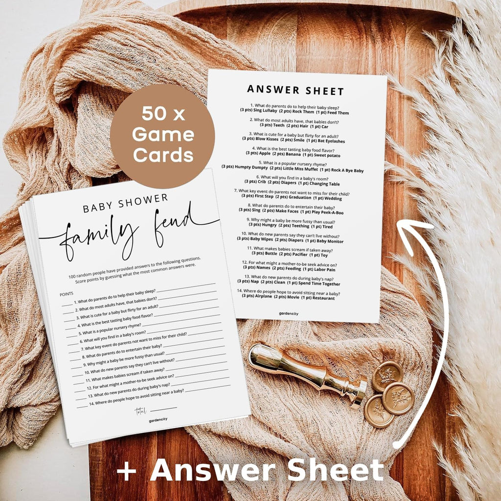 GardenCity Baby Shower Games - 50 Baby Shower Family Feud Game Cards, Boy or Girl, Gender Neutral, Minimalist