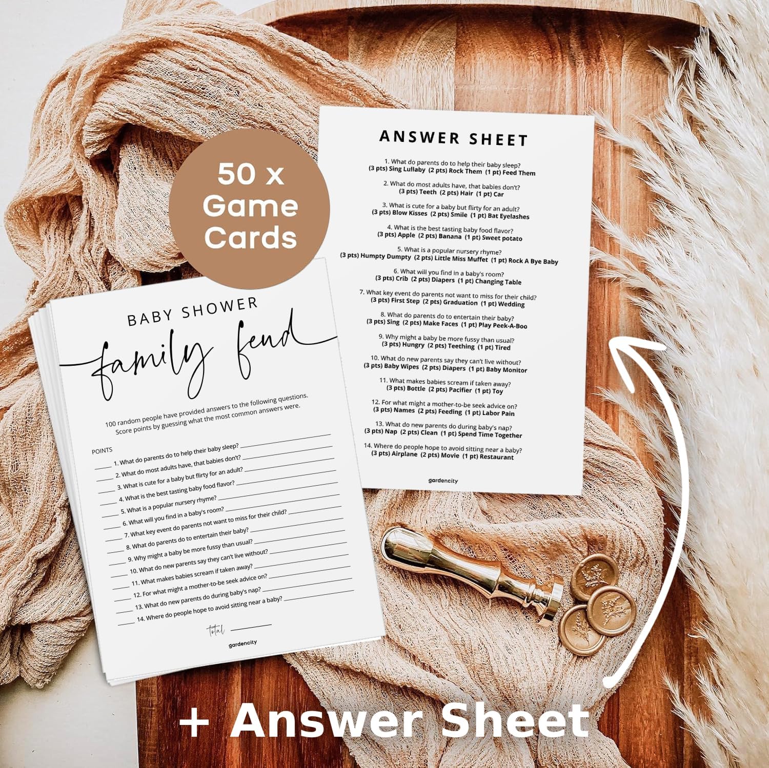 GardenCity Baby Shower Games - 50 Baby Shower Family Feud Game Cards, Boy or Girl, Gender Neutral, Minimalist