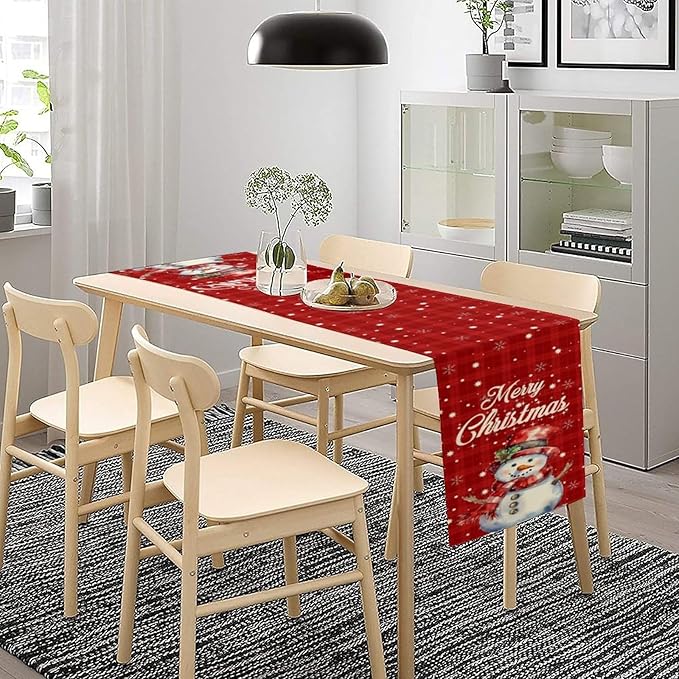 Christmas Table Runner,Christmas Snowman Snowflakes Winter Seasonal Table Cloth Kitchen Dining Table Decoration for Home Party Decor 13x108 Inch
