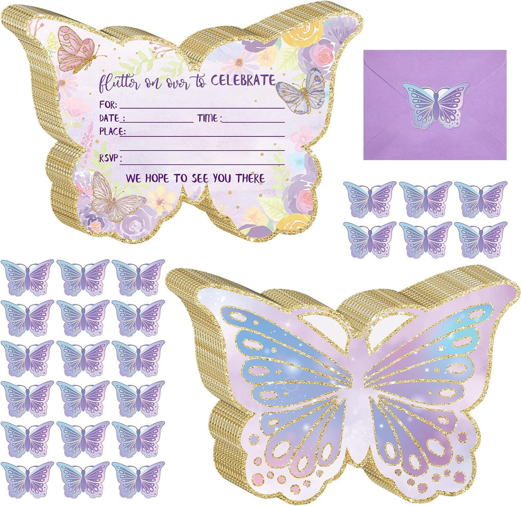 Hotop 24 Sets Butterfly Birthday Invitations with Stickers and Envelopes for Kids Girls, Cute Butterfly Party Invitations Cards for Birthday Baby Shower Party Favors Supplies, 4x6 Inch
