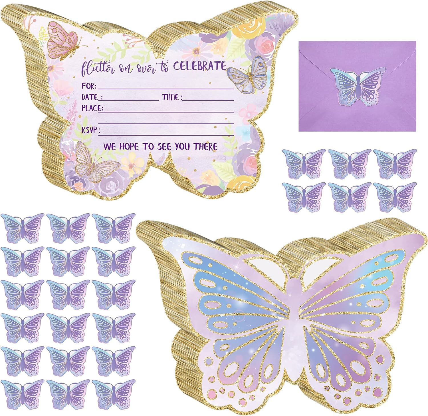 Hotop 24 Sets Butterfly Birthday Invitations with Stickers and Envelopes for Kids Girls, Cute Butterfly Party Invitations Cards for Birthday Baby Shower Party Favors Supplies, 4x6 Inch