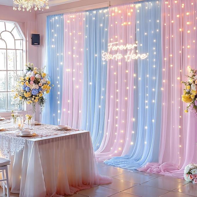 10×10ft Pink Blue Tulle Backdrop Curtain with Lights String for Parties, Sheer Photo Backdrop Curtains for Wedding Party Photography Background