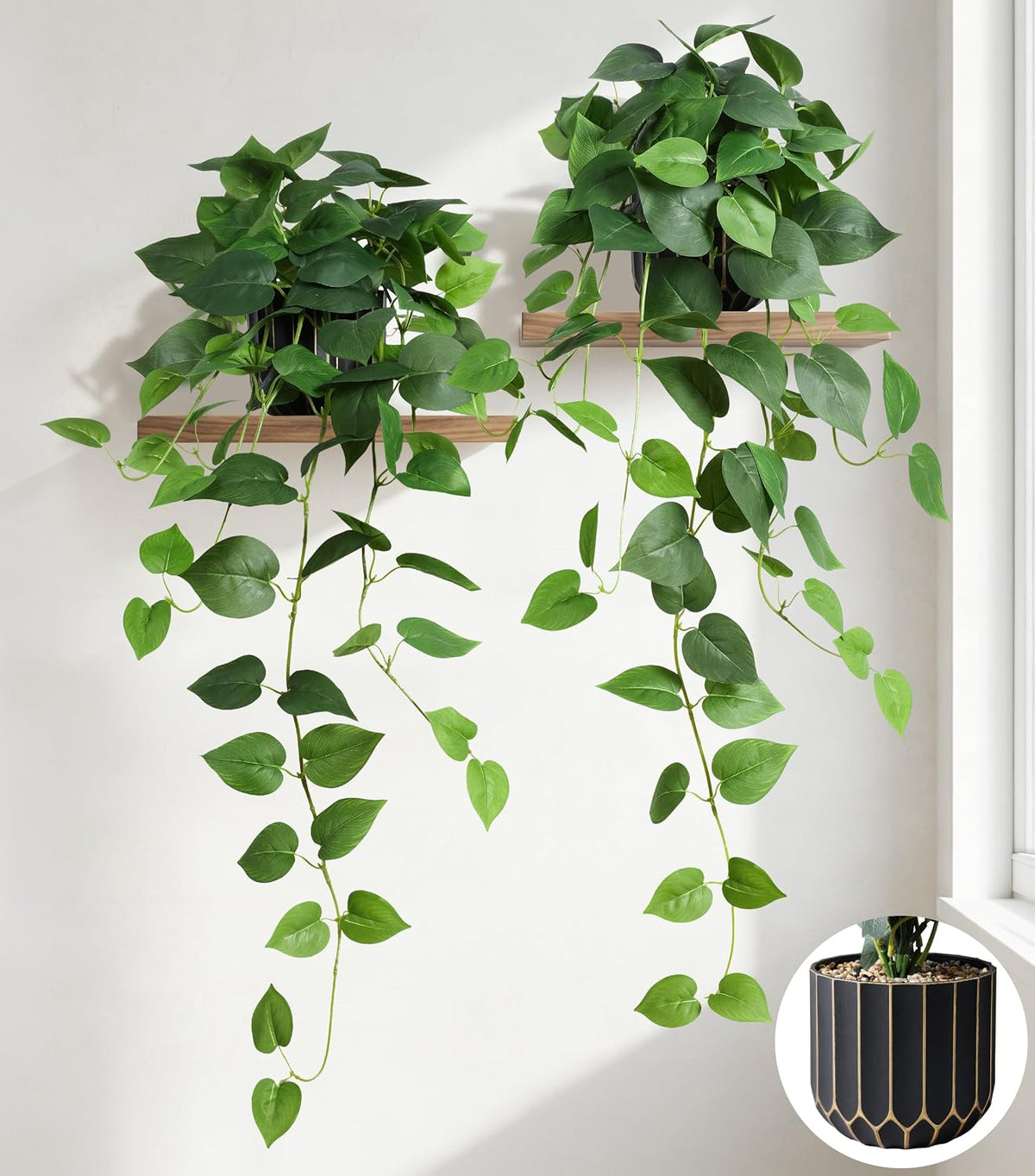 Fake Plants 2 Pcs Faux Pothos Plants Potted Indoor Artificial Hanging Plants ...