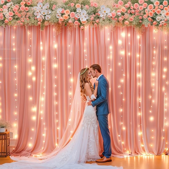 10ft x 10ft Dusty Rose Chiffon Backdrop Curtain with Lights String for Parites Wedding Wrinkle Free Curtain Photo Backdrops Drapes for Baby Shower Birthday Party Home Decorations