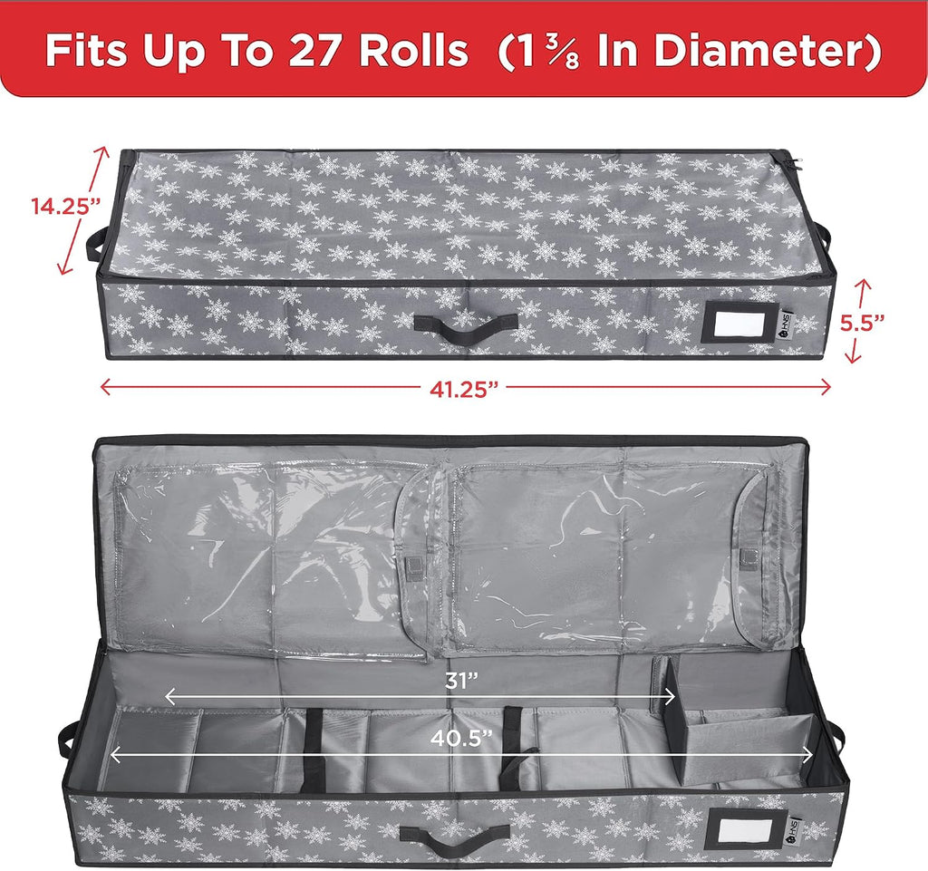 HOLDN’ STORAGE Premium Wrapping Paper Storage Container - Durable 600D Tear-Proof, Fits 27 Rolls Gift Wrap, Extra Pockets for Ribbons & Bows, Underbed Storage - Ideal for Holiday Christmas, Grey/White Snowflakes