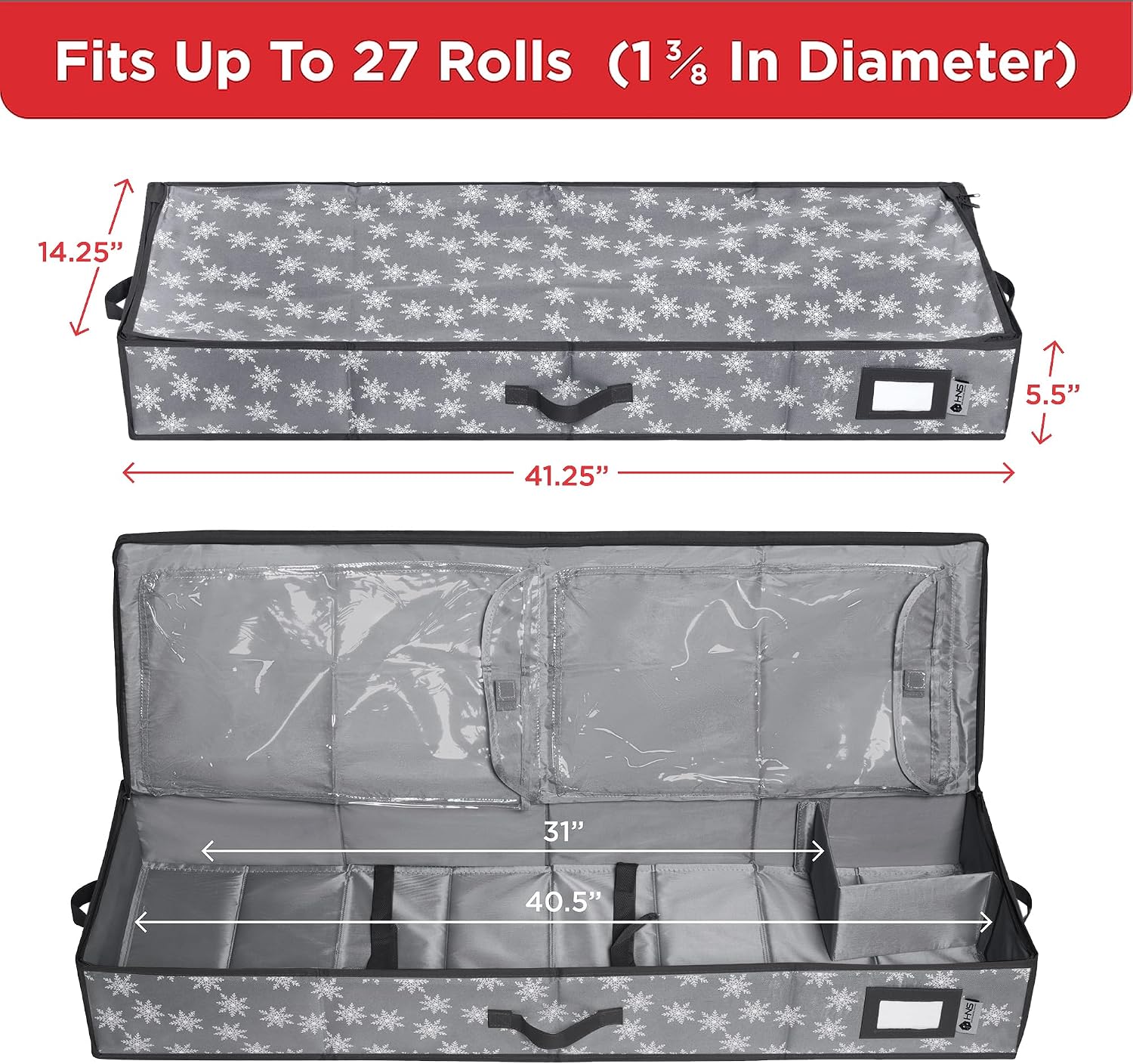 HOLDN’ STORAGE Premium Wrapping Paper Storage Container - Durable 600D Tear-Proof, Fits 27 Rolls Gift Wrap, Extra Pockets for Ribbons & Bows, Underbed Storage - Ideal for Holiday Christmas, Grey/White Snowflakes