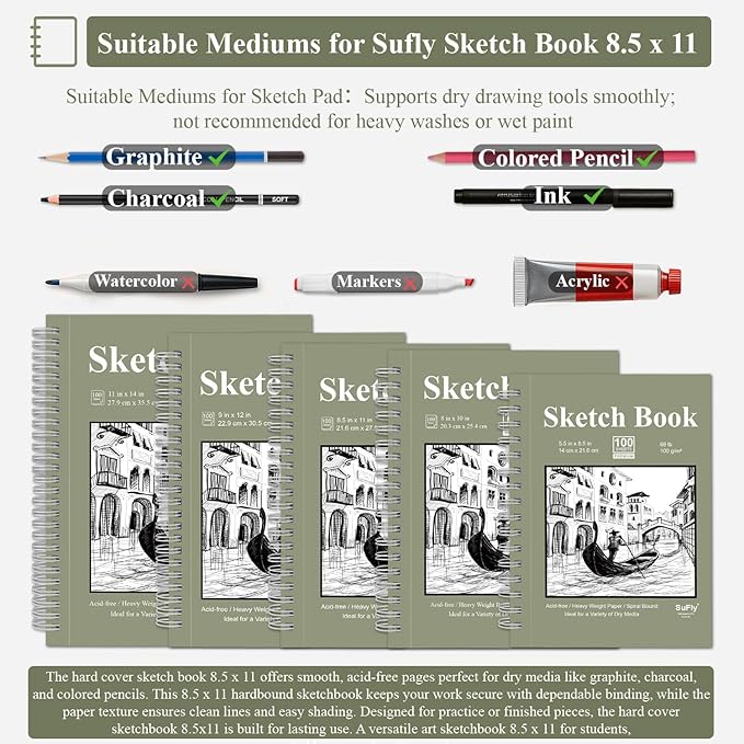 Sketch Book 8.5"x11", Spiral Sketchbook Pack of 2, SuFly 200 Sheets (68 lb/100gsm) Acid Free Sketch Pads for Drawing for Adults Spiral Bound with Hard Cover for Kids & Adults, 100 Sheets Each