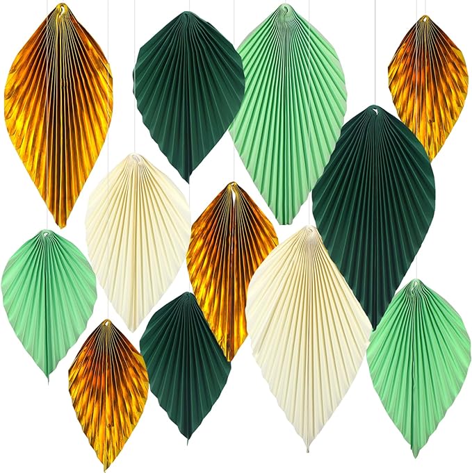 ADLKGG Green Gold Hanging Paper Leaves Wall Backdrop Decor, Paper Palm Leaves Fan Party Decorations for Forest Birthday Party Tropical Jungle Theme Classroom Decor, 12pcs