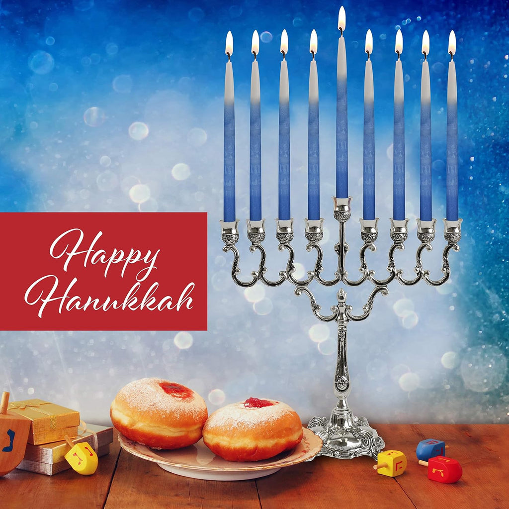 Ner Mitzvah Dripless Chanukah Candles, Decorated Ombre Blue & White Hanukkah Candles Fits Most Menorahs, Premium Quality Wax for All 8 Nights of Hanukkah - Standard Size - 45 Count