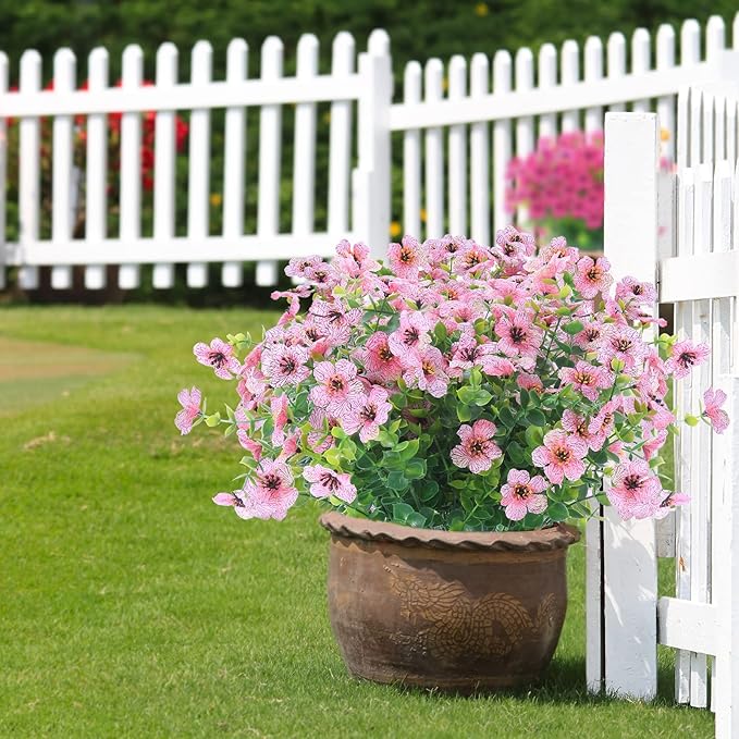 12 Bundles Artificial Flowers Outdoor UV Resistant Fake Plastic Plants Indoor Outside Hanging Plants Garden Porch Window Box Home Wedding Farmhouse Festive Shrub Decor (Pink)