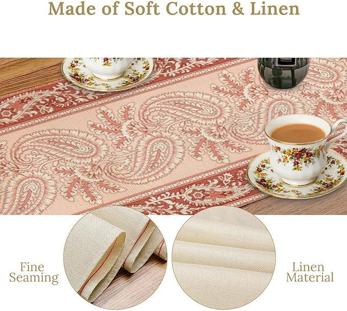 Pink Paisley Table Runner, Abstract Vintage Boho Paisley Flowers Leaves Print Table Runner for Home Kitchen Dining Room Wedding Party Decor, 13x90inch