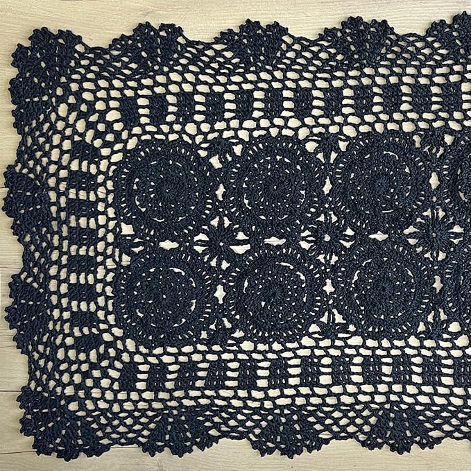 Phantomon Lace Table Runner Rectangular Table Cover Cloth Handmade Crochet Floral Placemats 100% Cotton (Floral Black, 15x28Inch)
