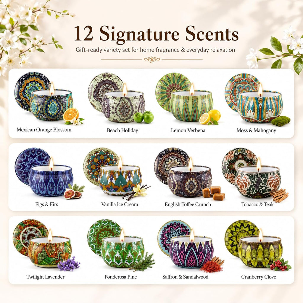 Scented Candles Gift Set, 12 Pack Soy Wax Candles for Home, 12 Scents, Aromatherapy Travel Tins with Gift Box for Women, Birthday, Housewarming, Relaxation