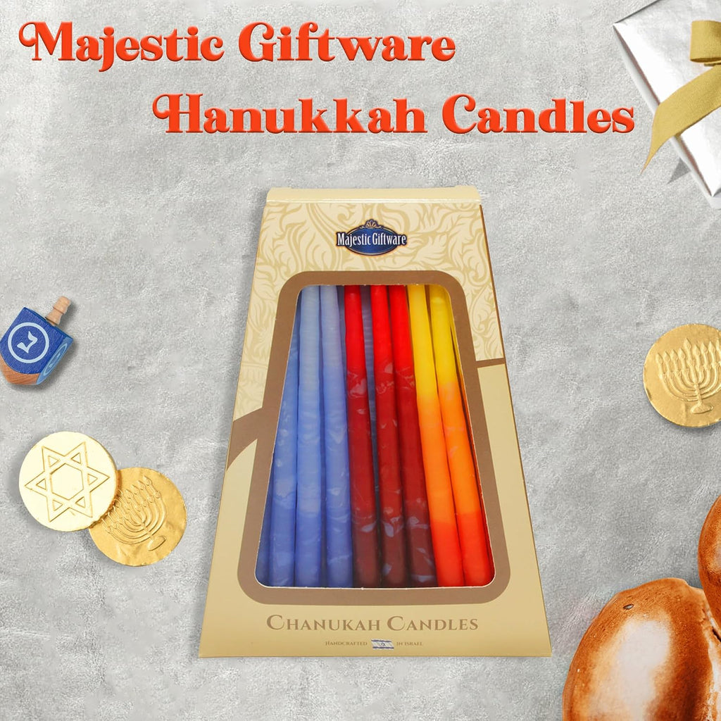 Majestic Giftware Multicolor Hanukkah Candles - CP15 | 45 Dripless Handcrafted Chanukah Candles for All 8 Nights of Hanukkah | Manufactured by Safed Candle Company in Israel (Blue/Red/Orange)