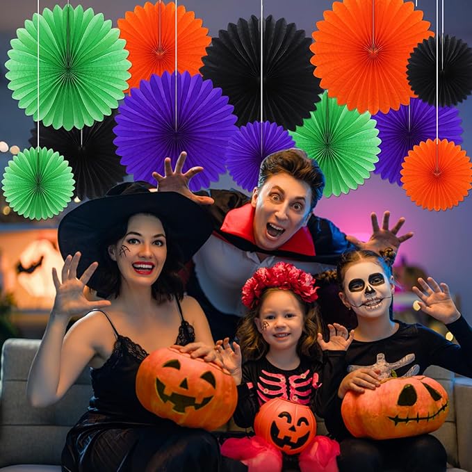 MotiMind 24 Pcs Halloween Paper Fans Party Decorations Black Orange Purple Green Hanging Honeycomb Ceiling Wall Decor Background Decoration for Birthday Wedding Baby Bridal Shower Engagement