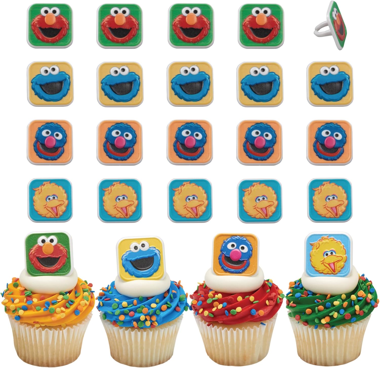 Sesame Street Rings, 24 Cupcake Toppers Featuring Elmo, Big Bird, Cookie Monster, Grover, Bright Colorful Cupcake Decorations, Food Safe - 24 Pack