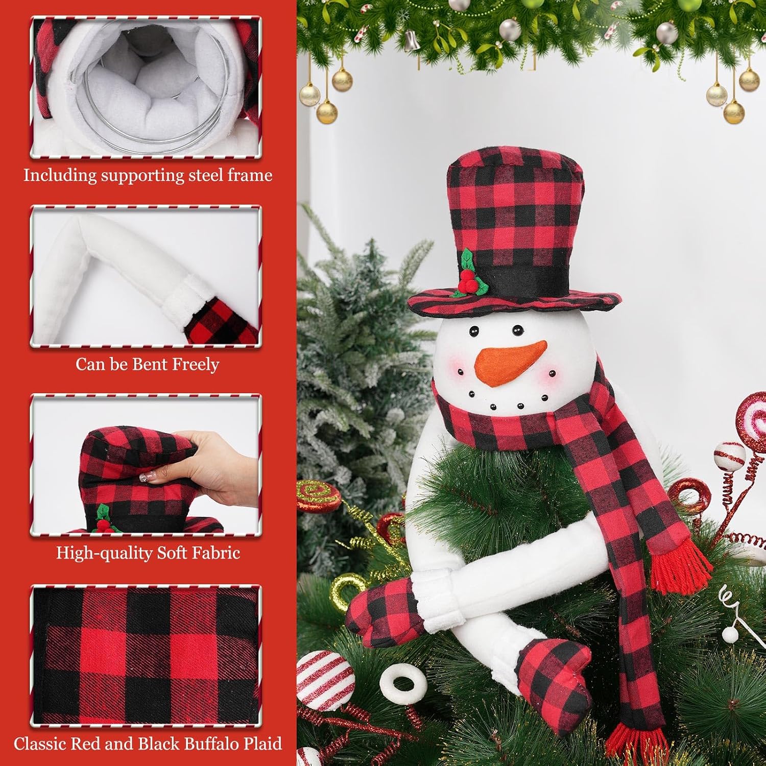 Christmas Snowman Tree Topper, Large Plush Snowman Treetop Hugger with Red and Black Buffalo Plaid Hat & Scarf, Fluffy Xmas Tree Ornament Holiday Winter Wonderland Home Party Decorations Supplies