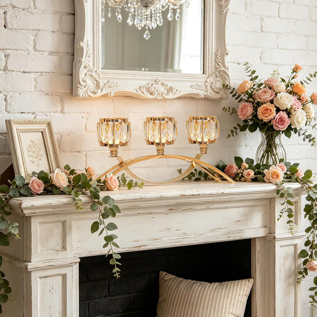 3 Arms Crystal Candle Holders, Arch Candlestick Table Candelabras Centerpieces for Wedding, Dinning Room, Cabinet Ornaments, Home Decoration， Gift (Gold, 2 Pcs-3 Arm Arched)