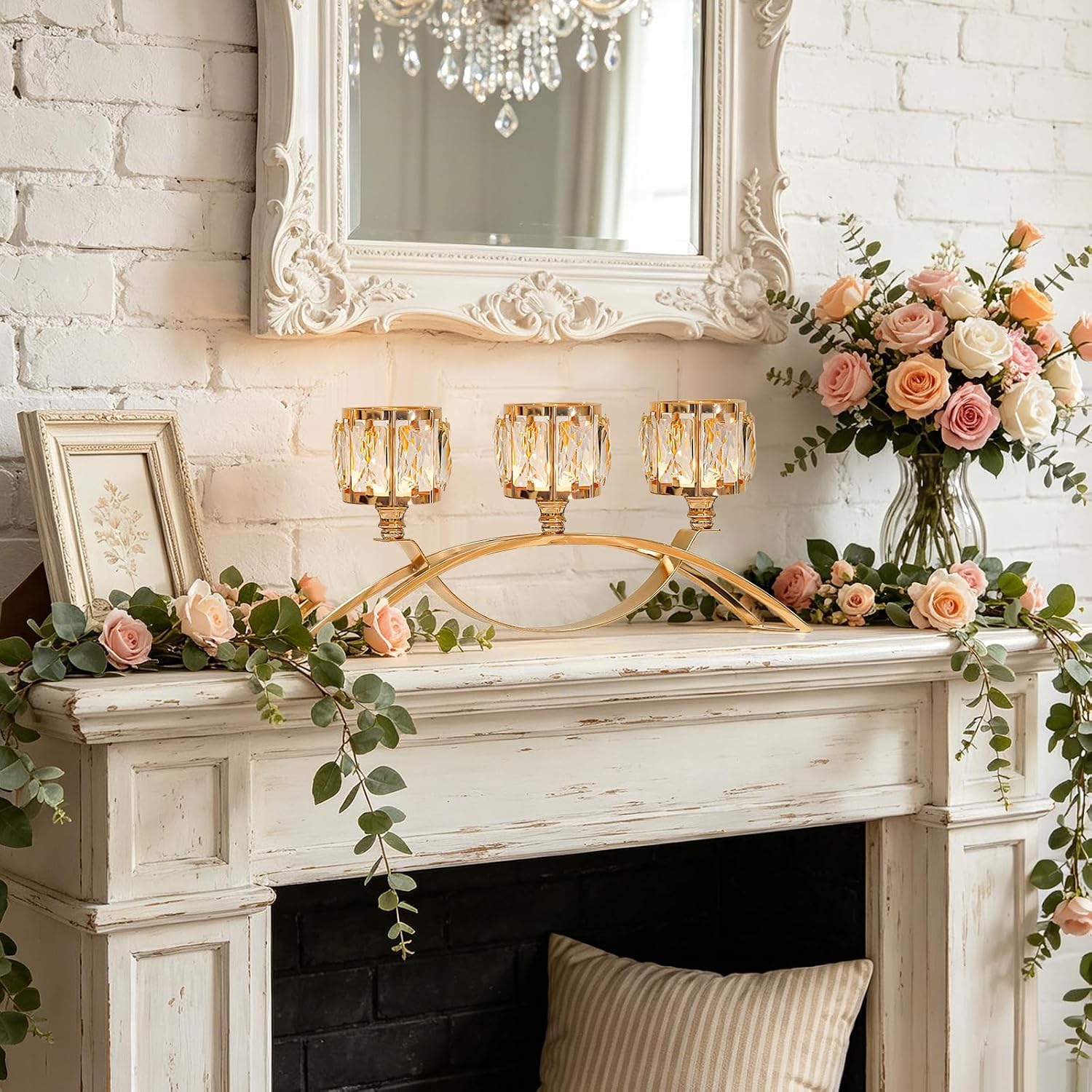 3 Arms Crystal Candle Holders, Arch Candlestick Table Candelabras Centerpieces for Wedding, Dinning Room, Cabinet Ornaments, Home Decoration， Gift (Gold, 2 Pcs-3 Arm Arched)
