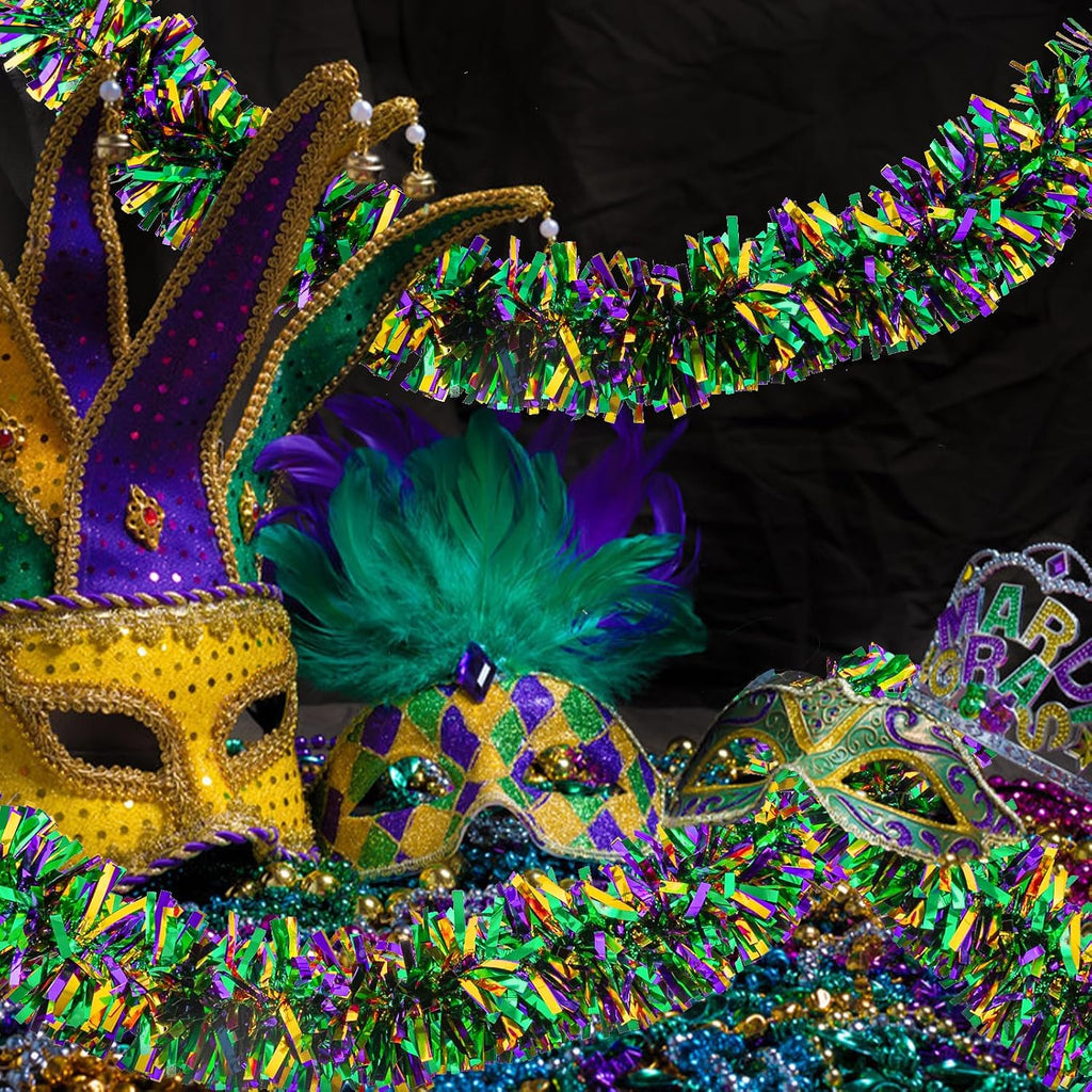 33FT Mardi Gras Tinsel Garland Purple Green Gold Metallic Twist Tinsel Garland Mardi Gras Hanging Garland for for Mardi Gras Carnival Deocoration Tree Stair Mantle Party Supply