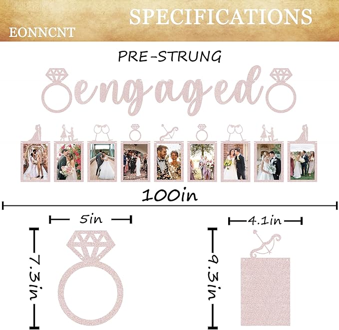 Pre-Strung Engaged Photo Banner - Rose Gold Glitter Engagement Party Decoration Supplies with Romantic Memories Picture Card Frames for Bachelorette, Bridal Shower, Wedding Party Photo Booth Props