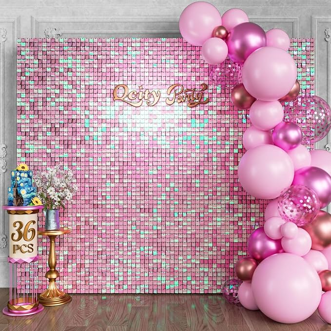 Qcity Iridescent Pink Shimmer Wall Backdrop 36PCS, Black Back Not See-Through Design, Square Sequin Glitter Backdrop Panel, Perfect for Outdoor Events, Birthdays, Wedding and Party Decoration