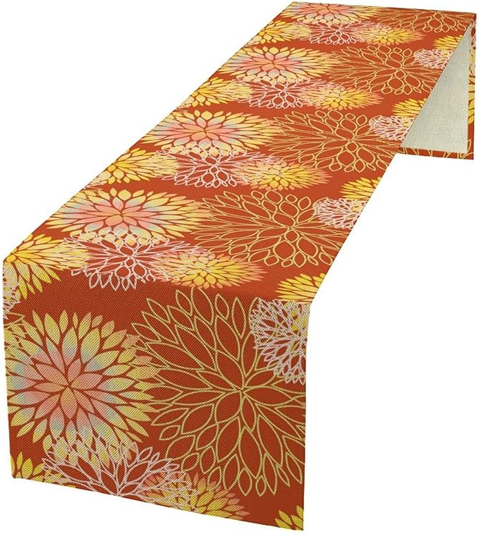 Yellow Floral Table Runner, Chrysanthemum Autumn Spring Summer Vintage Modern Linen Geometric Table Runner for Kitchen Living Room Bedroom Party Holiday, 13x90 Inch