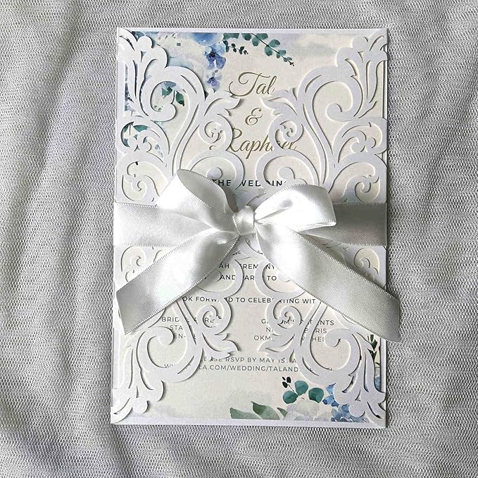 25PCS Pearl White Laser Cut Wedding Invitations Cards with Envelopes,Blank Inner Sheets,Ribbons for Wedding Bridal Shower Quinceañera Engagement Birthday Invites (B001)