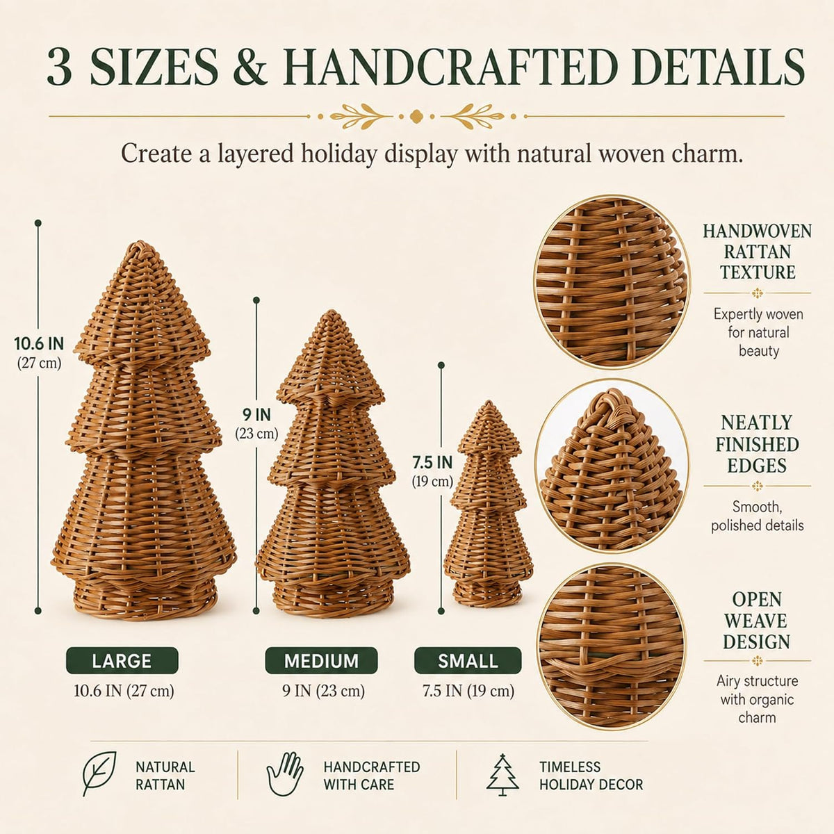 miniinflat 3 pcs woven rattan christmas tree decor, close-up detail
