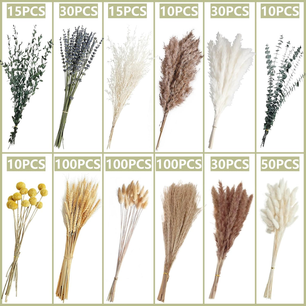 500PCS Dried Pampas Grass Bouquet – Boho Dried Flowers for Vase, White & Brown Pampas, Bunny Tails, Eucalyptus, Wheat & Lavender – Natural Floral Decor for Home, Wedding, Baby Shower &Photoshoot Props
