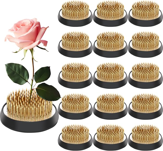 Sliner 16 Pieces Floral Frogs Round Flower Holder Japanese Ikebana Vase Kenzan Flower Flower Arranger Flower Fixed Tools Pin for Flower Arrangement Home DIY Craft(Gold,2.76 Inch)