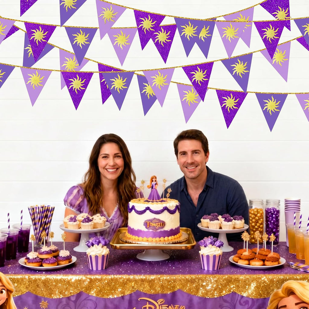 30Ft Purple Sun Party Decorations Purple Pennant Banner Flag Hanging Paper Triangle Bunting with Gold Sun for Birthday Bridal Shower Wedding Bachelorette Engagement Lavender Party Supplies