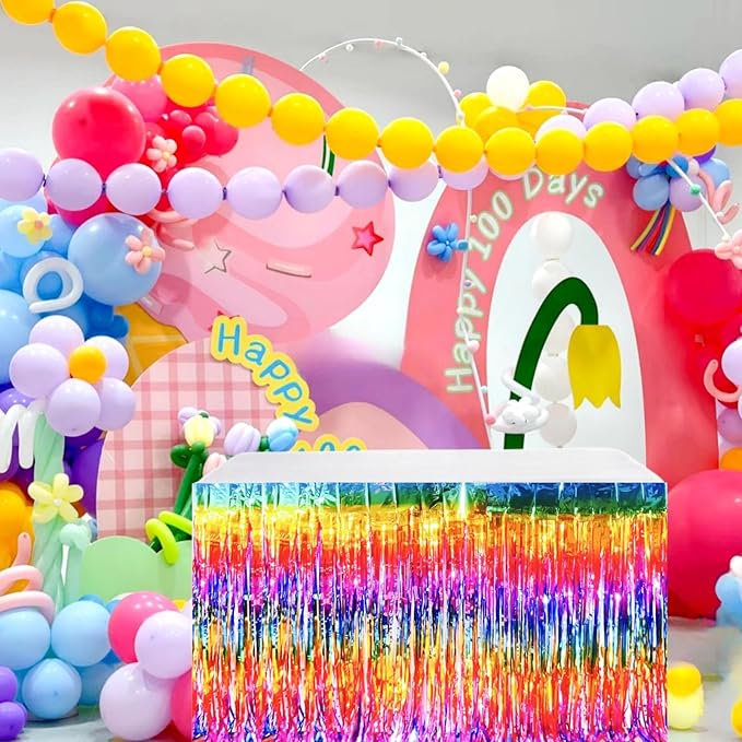 Rainbow Streamers Party Decorations, 2 Packs Gradient Rainbow Table Skirts Metallic Foil Fringe Tinsel for Birthday Unicorn Pride Gay Fiesta Graduation Float Parade Party Supplies - 29x108 Inch