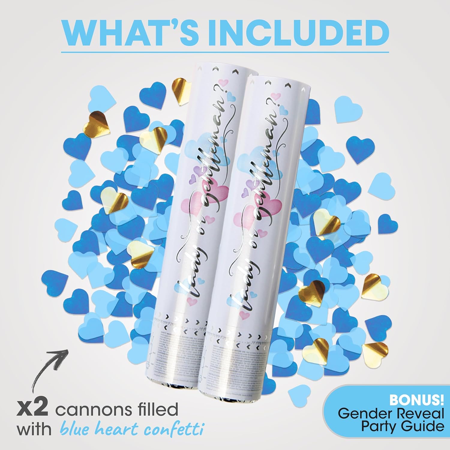 PrimePure Gender Reveal Confetti Cannon, Heart Shaped, Blue Paper, 2 Pack