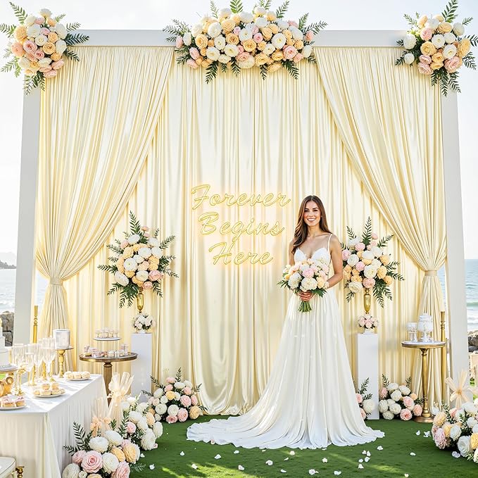 Champagne Satin Backdrop Curtains 2 Panels - Glitter Photo Drapes for Baby Shower, 10x10FT Shimmer Back Drop Cloth, Wrinkle Free for Birthday Party Prom Wedding Stage Background