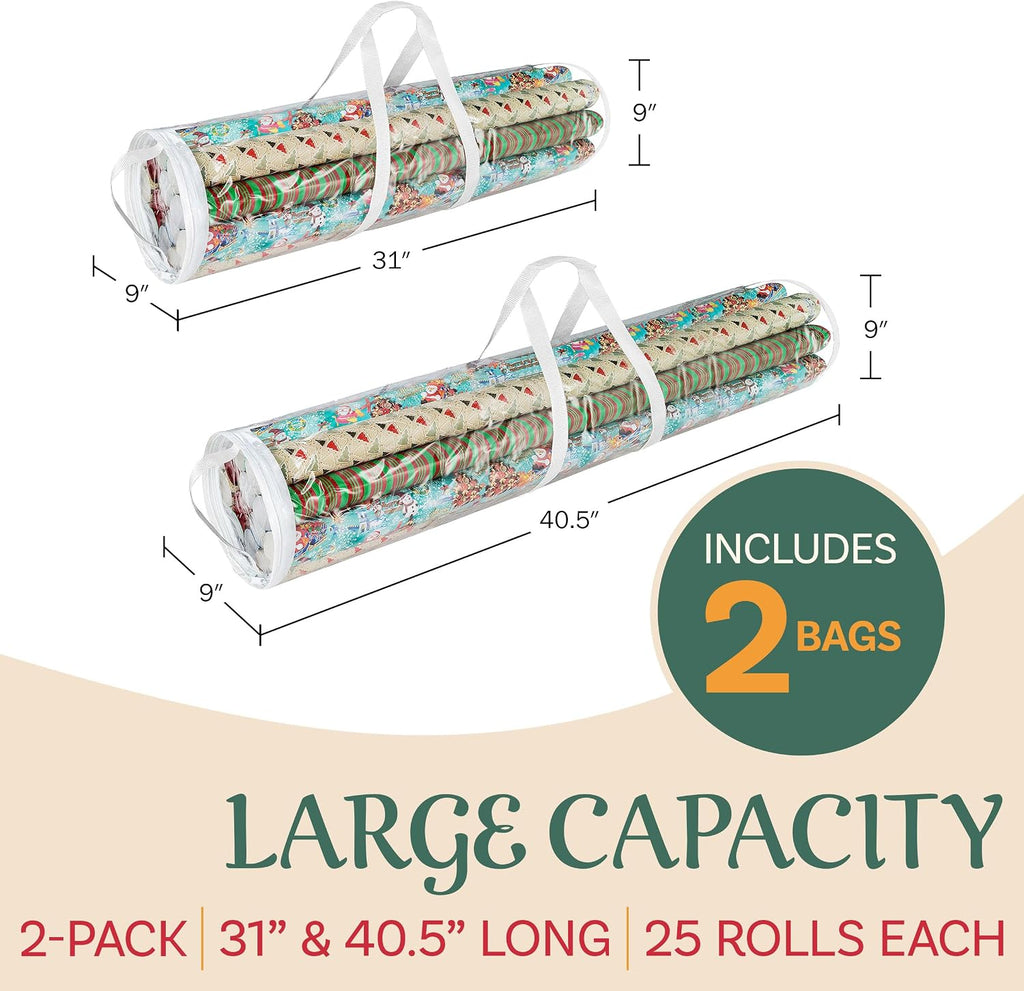 Elf Stor Gift Wrapping Paper Roll Storage Bags 31" and 40" long, Clear Totes with Handles, fits up to 25 pcs gift wrap paper roll in each bag