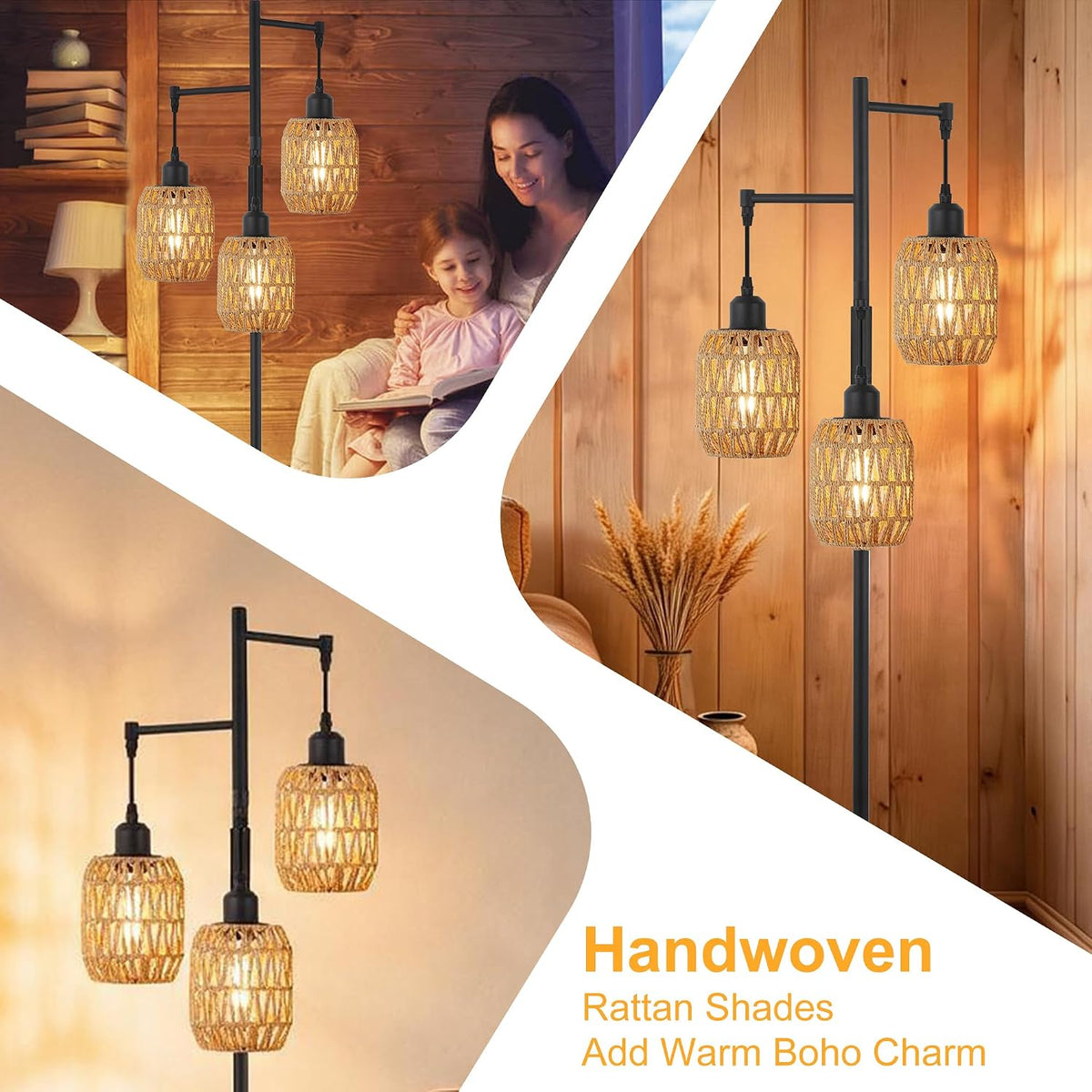 boho rattan tree floor lamp, black dimmable standing, close-up detail