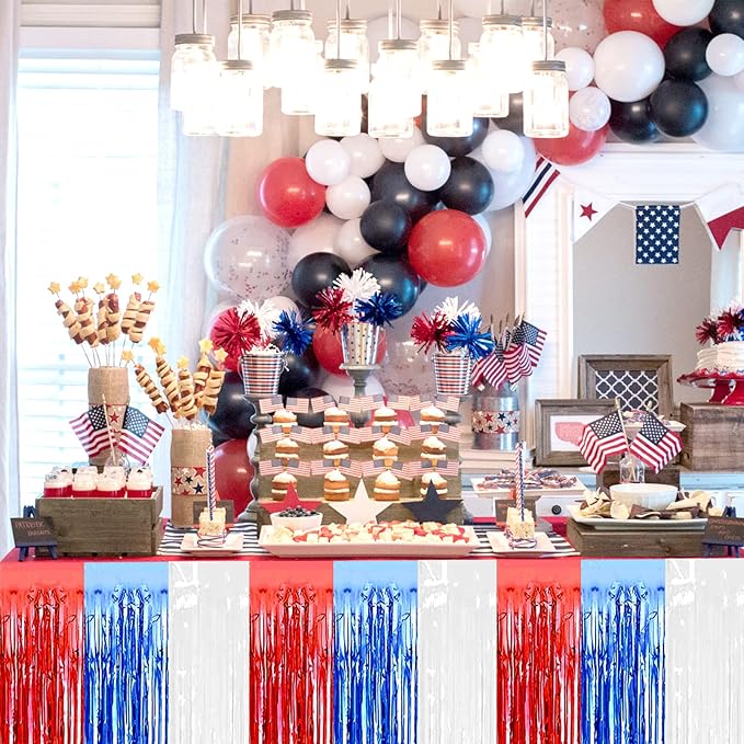 6 Pack 29x108 Inch Red Blue White Metallic Foil Fringe Tinsel Table Skirts for Rectangle Tables Streamer Curtains Backdrop for Wedding, Birthday, Parade Floats, Independence Day Party Decoration