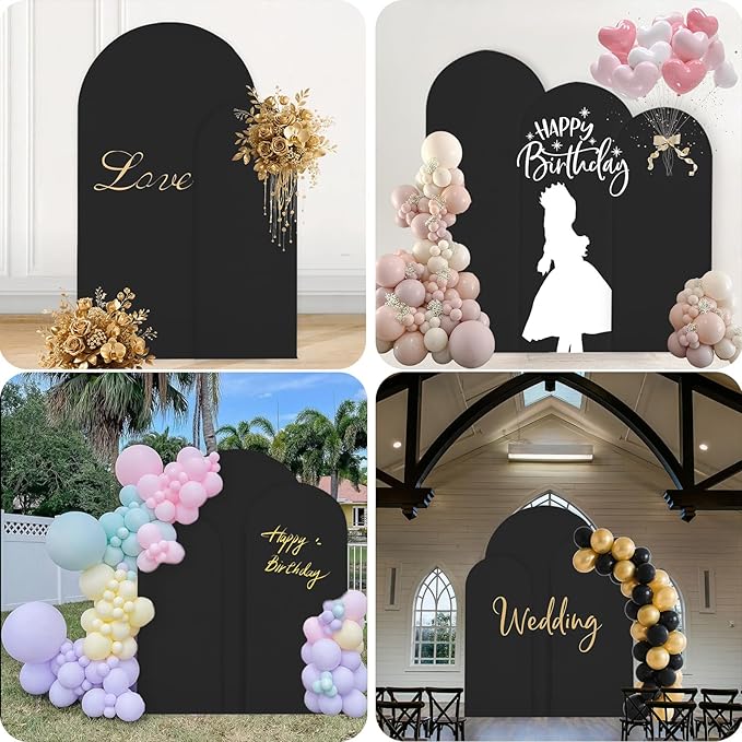 WEERRW Wedding Arch Cover Black Spandex Fitted Set of 3 Balloon Arch Stand Covers Round Top Chiara Stretchy Backdrop for Birthday Party Baby Shower Banquet Decoration (6FT, 6.6FT, 7.2FT)
