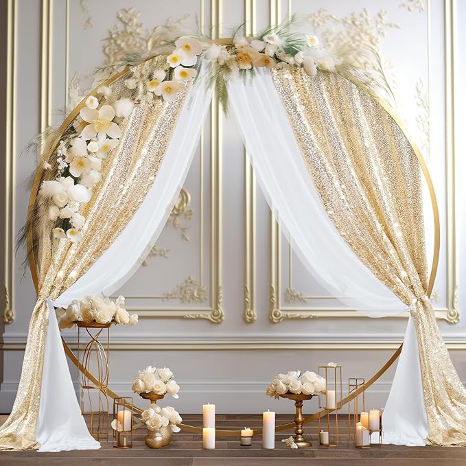 Wedding Arch Draping Fabric, 1 Panel 28" x19ft White Arch Drapes & 1 Panel 16" x19ft Champagne Sequin Fabric Drapes Arbor Backdrop Curtain for Wedding Arch Ceremony Bridal Shower Reception
