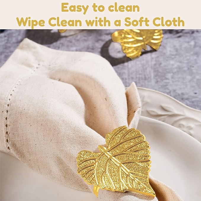 Elegant Handcrafted Leaf Napkin Rings - Set of 12 Premium Aluminum Holders for Dinner Parties, Weddings, Special Occasions & Everyday Dining (Gold) - CLEENTABLE