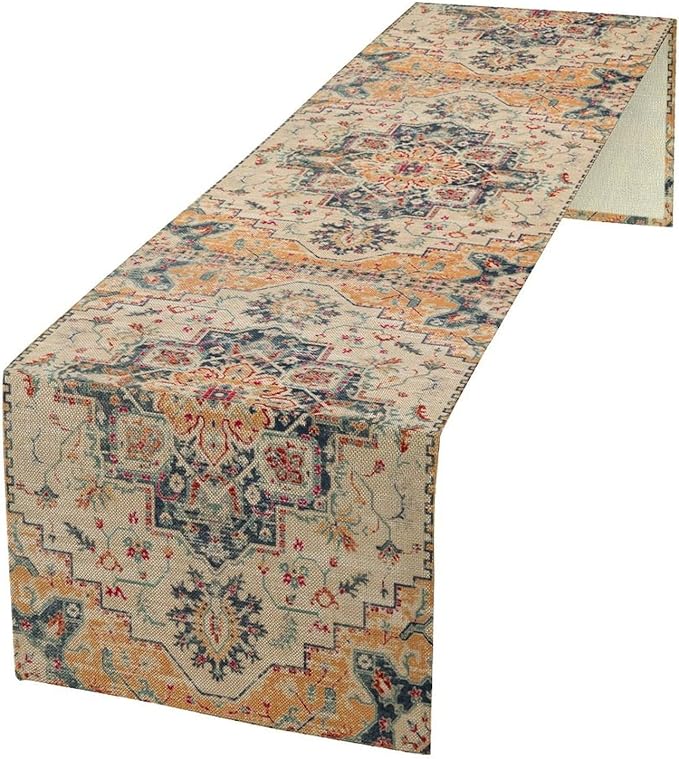 Bohemia Orange Table Runner, Rustic Farmhouse Vintage Geometric Floral Print Table Cover for Home Kitchen Dining Table Party Decor, 13x36inch