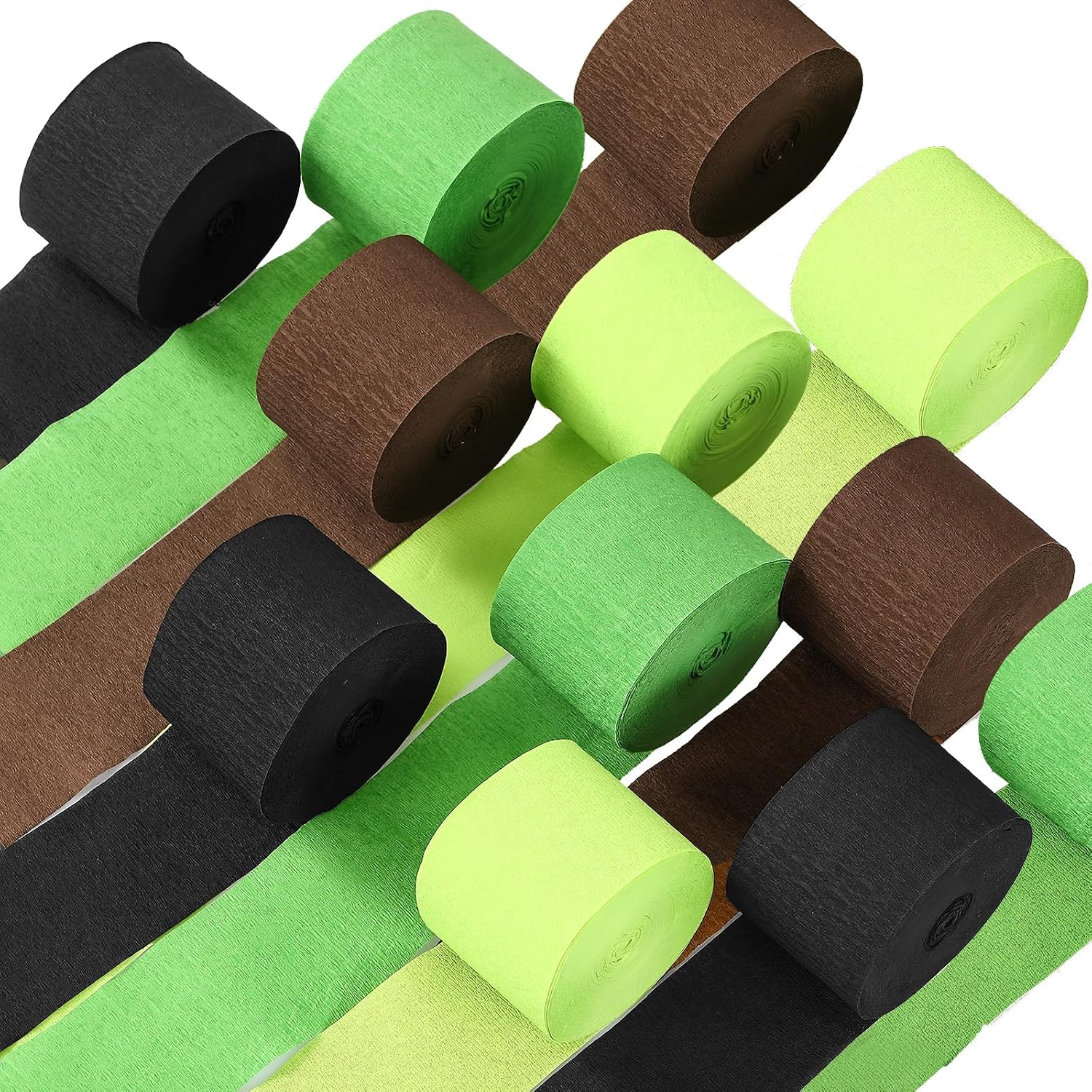 Epakh 12 Rolls Black/Green/Brown Crepe Paper Streamers (984ft) - Pixel Themed Party Decorations, Video Game Birthday Supplies, 2026 VBS Dinosaur Jungle Camo Natural Theme Green Party Decor