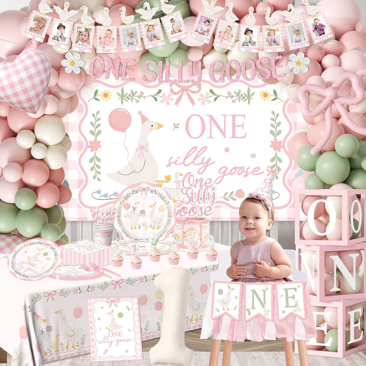 one silly goose birthday decor girl, silly goose shown in use