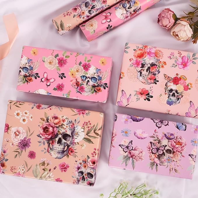 Aimyoo Gothic Wrapping Paper Rolls, 17 Inch X 16.5 Feet - 4 Rolls - Skull Floral Butterfly Design Gift Wrap Paper for Mother's Day, Birthday Bridal Shower